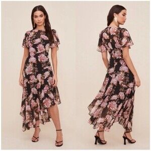 ASTR Asymmetrical Floral Print Dress Size M  $129 Pink‎ black coastal romantic